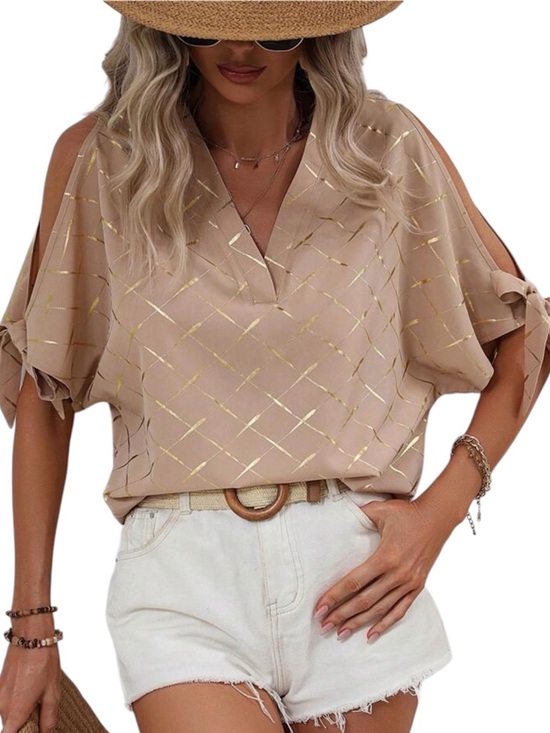 SHEIN Tops - Metallic Gold Beige Grid Cold‎ Shoulder Top V-Neck Tie Sleeve Blouse Med
